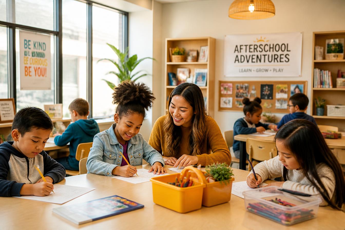 Children and a teacher working together in a bright, welcoming afterschool classroom